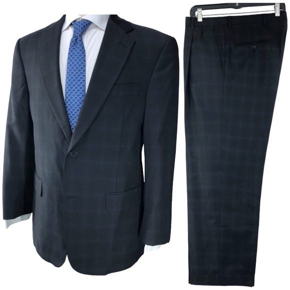 Hart Schaffner Marx HSM Gold Trumpeter 38S Two Piece Suit Black Blue Windowpane